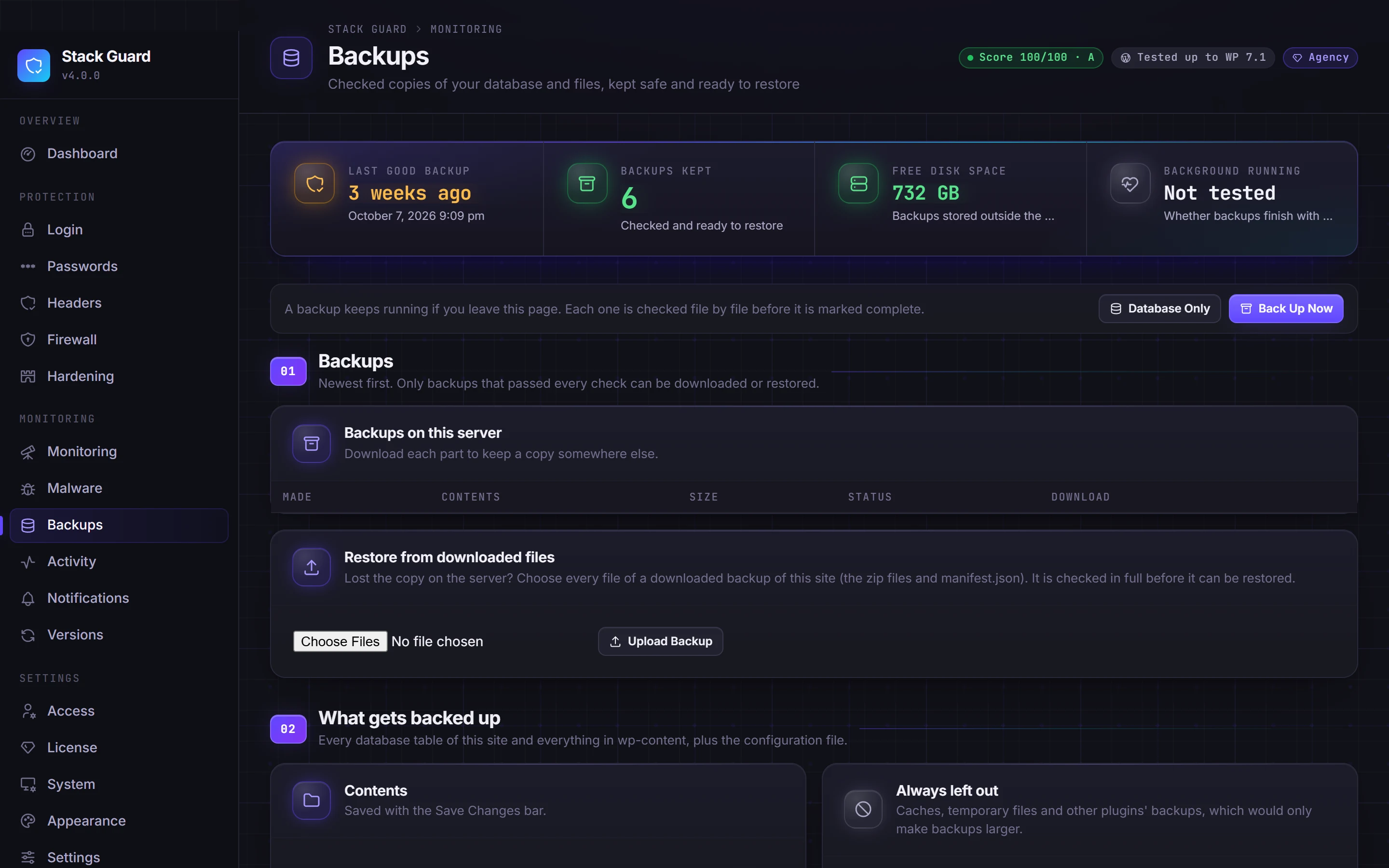 Backups screen with verified backups ready to download or restore
