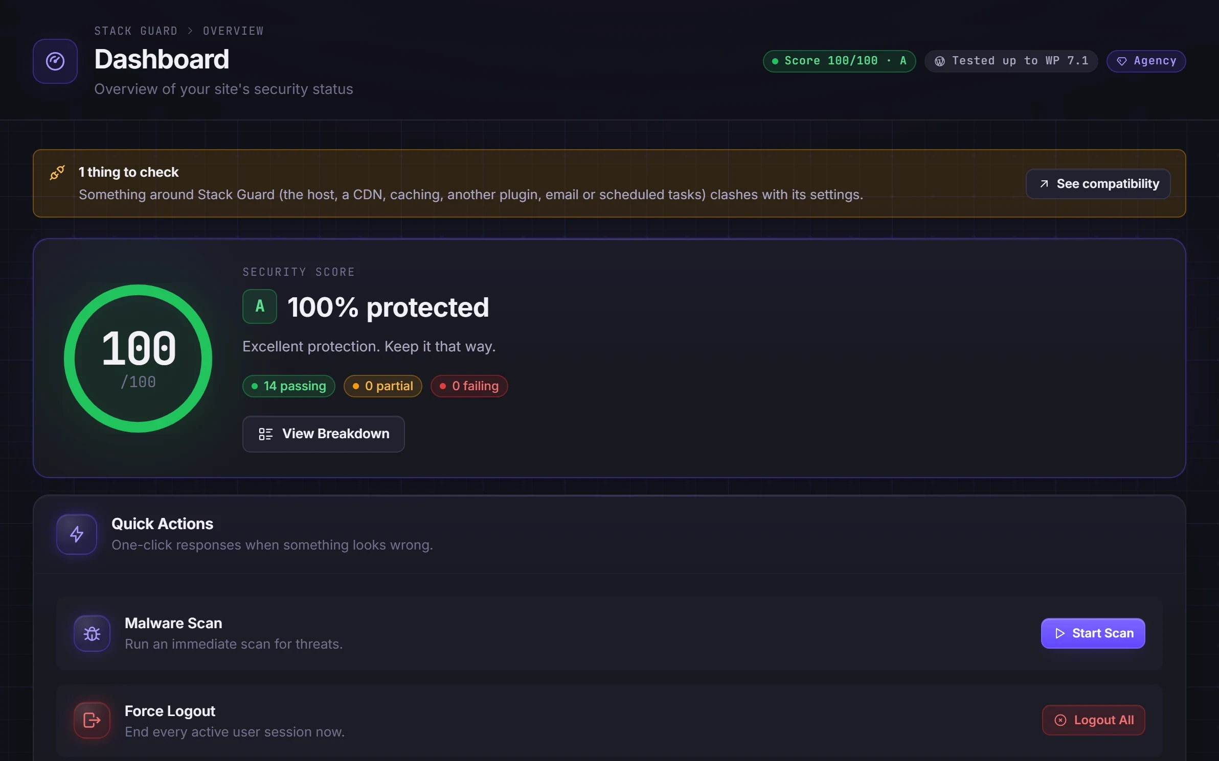Stack Guard dashboard showing a security score of 100 out of 100 with quick actions