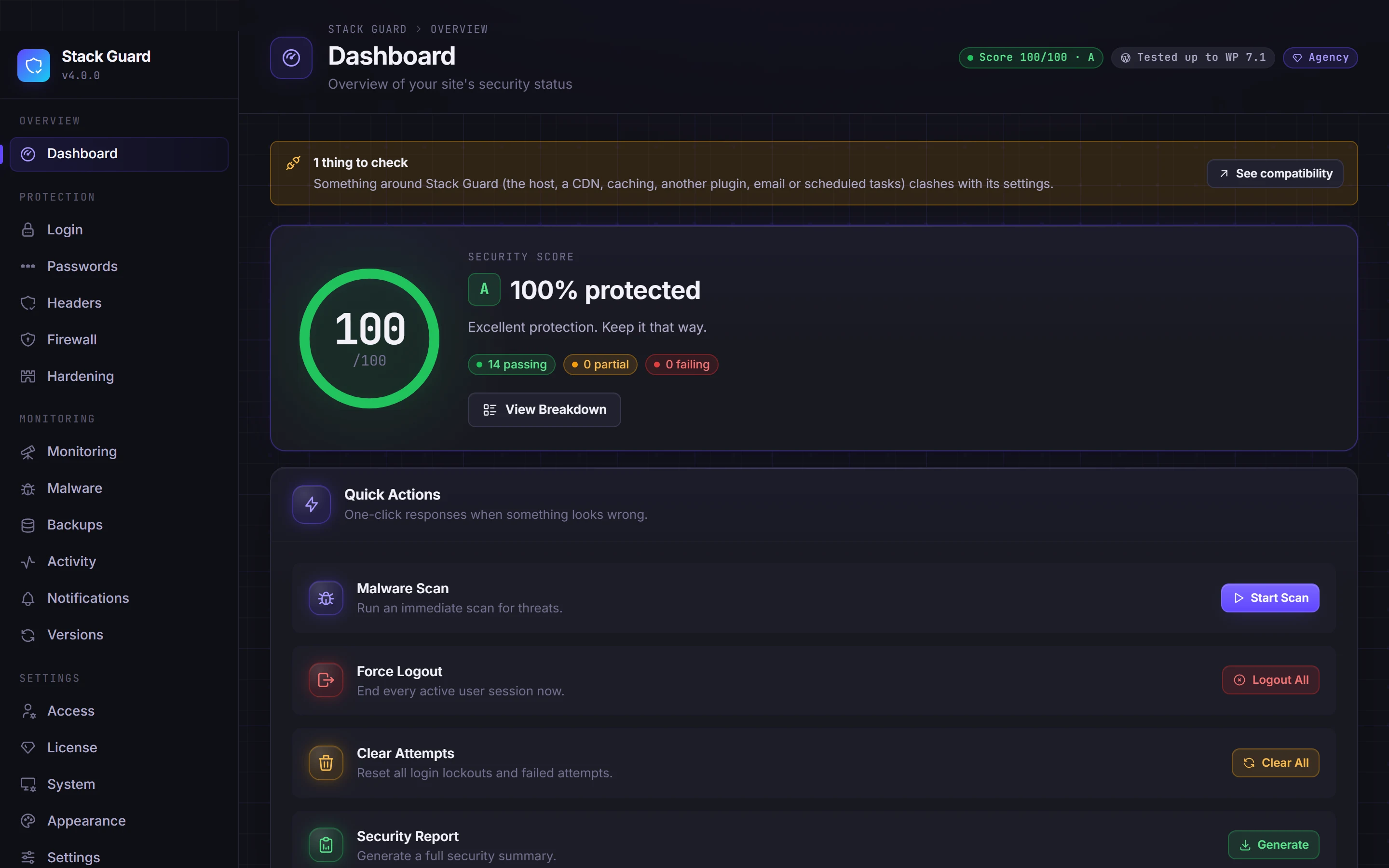 Stack Guard dashboard showing a security score of 100 out of 100 with quick actions