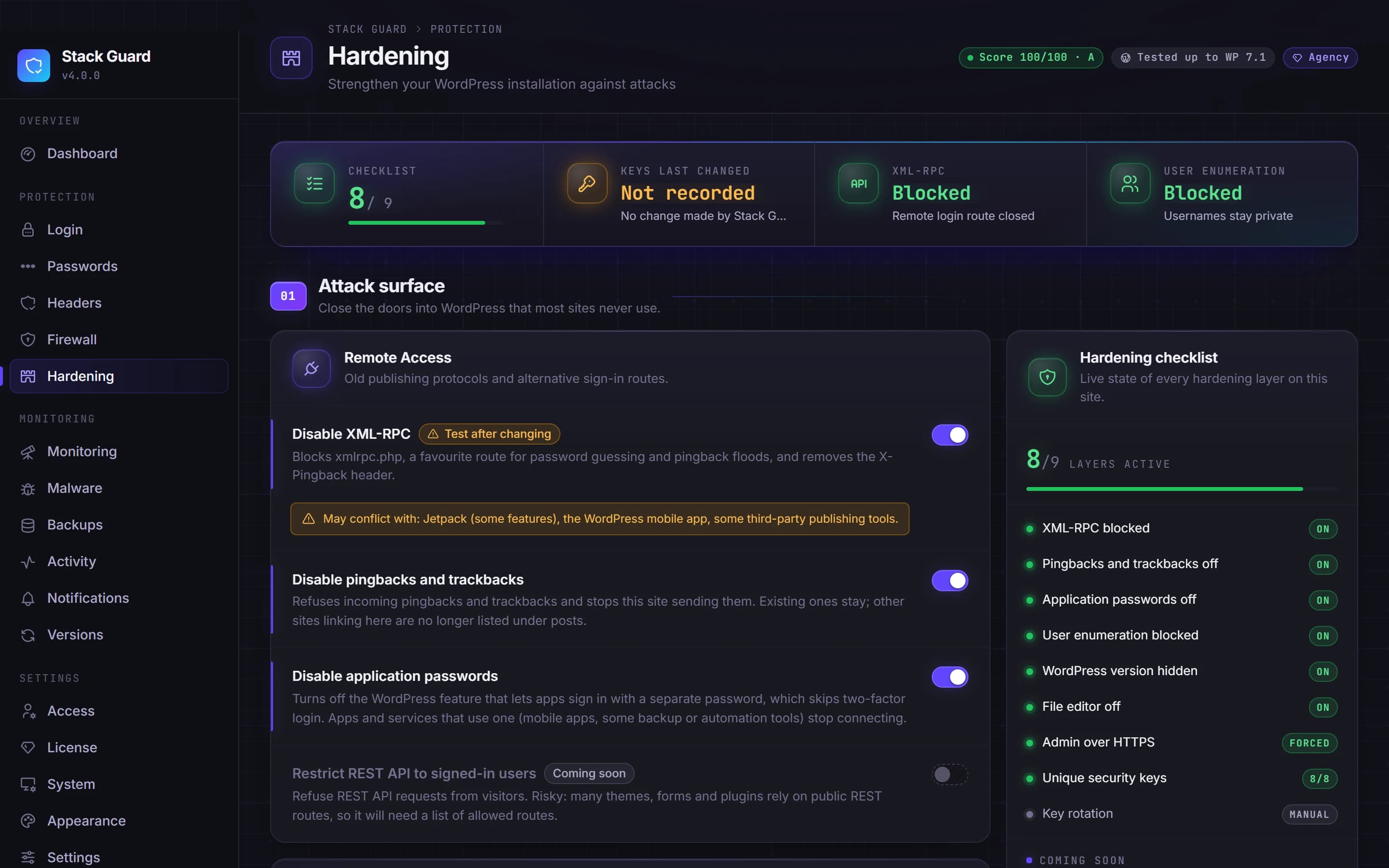 Hardening checklist with XML-RPC, pingbacks, application passwords and user enumeration blocked