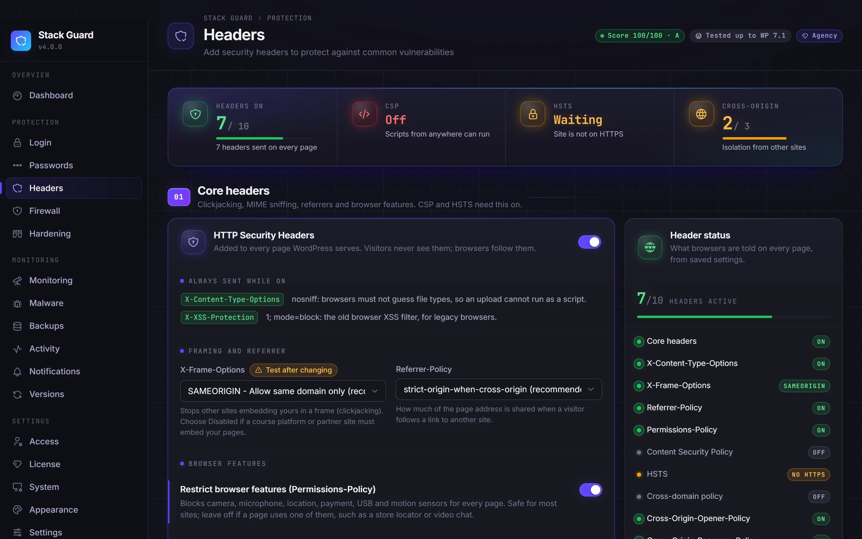 Security headers screen with core headers, Content Security Policy and HSTS
