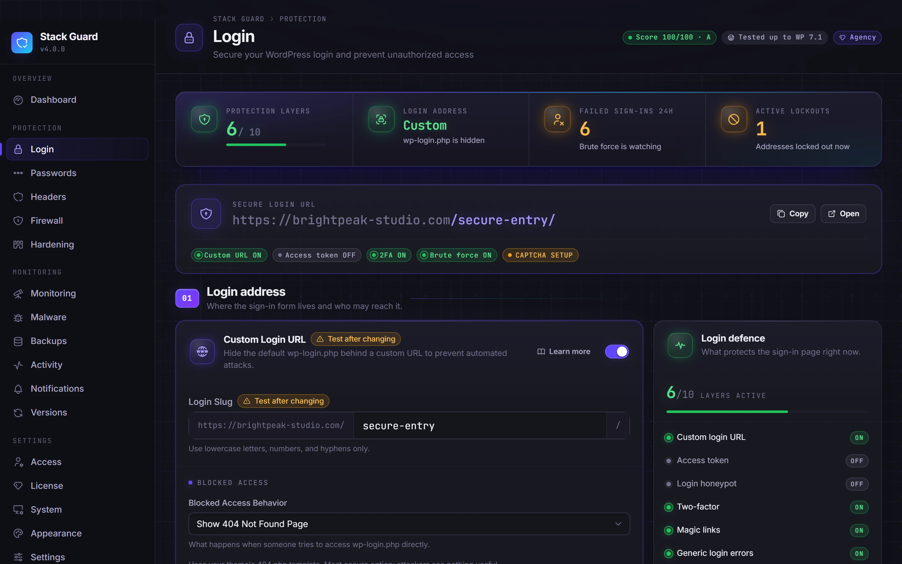 Login protection settings with a custom sign-in address, lockouts, CAPTCHA and two-factor all active