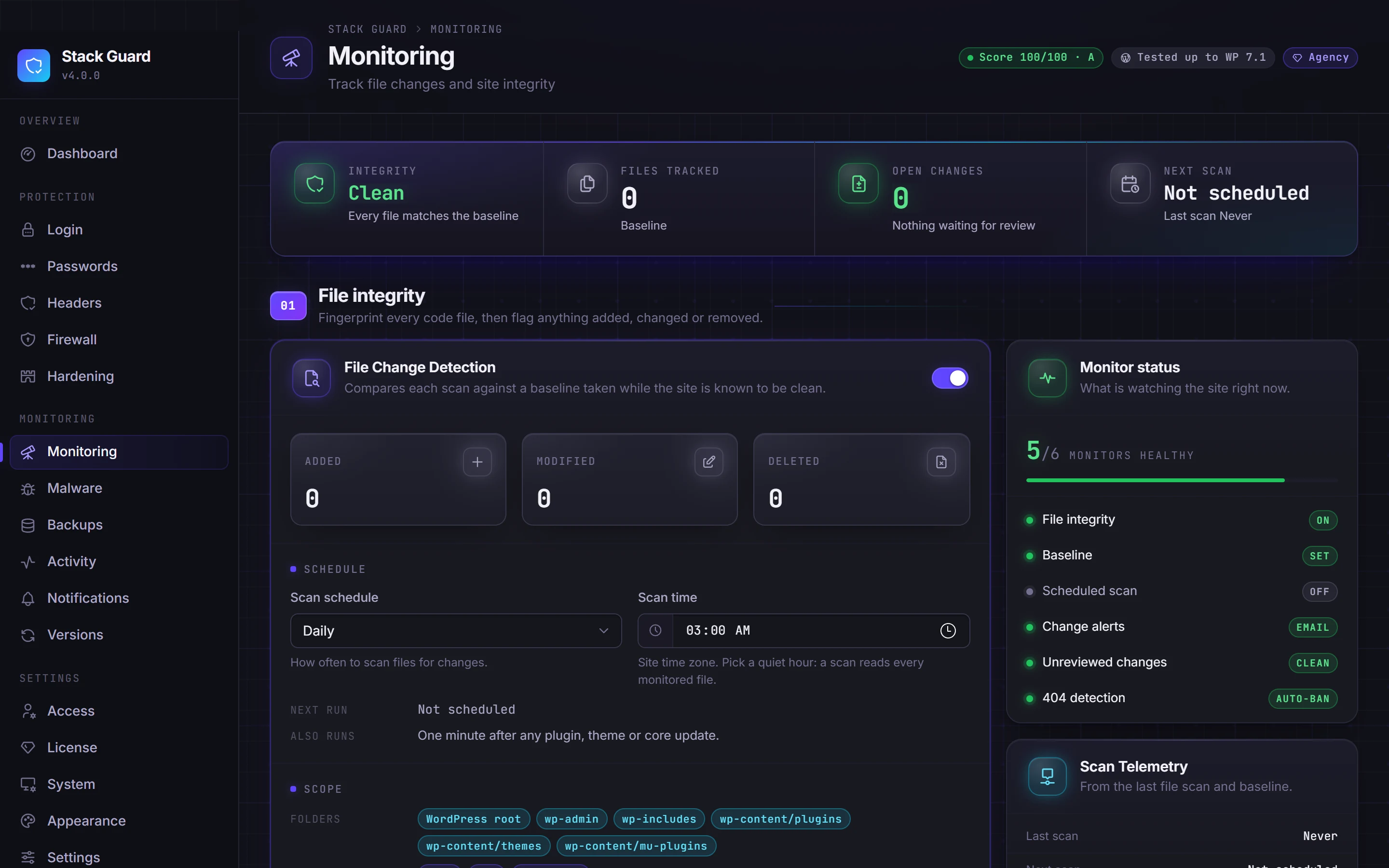 File change monitoring with a baseline and scheduled scans