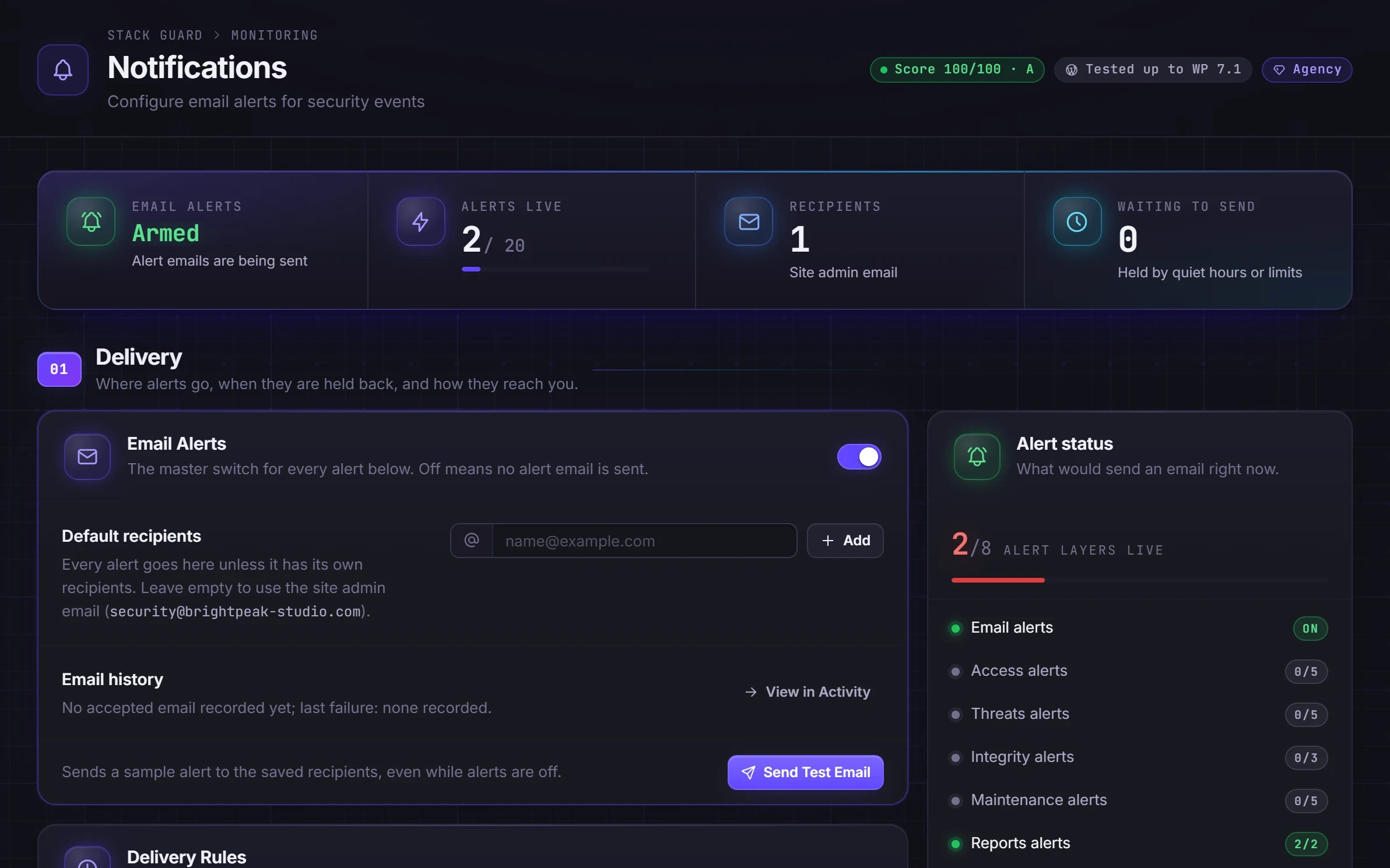 Alert settings with delivery rules, quiet hours and digests