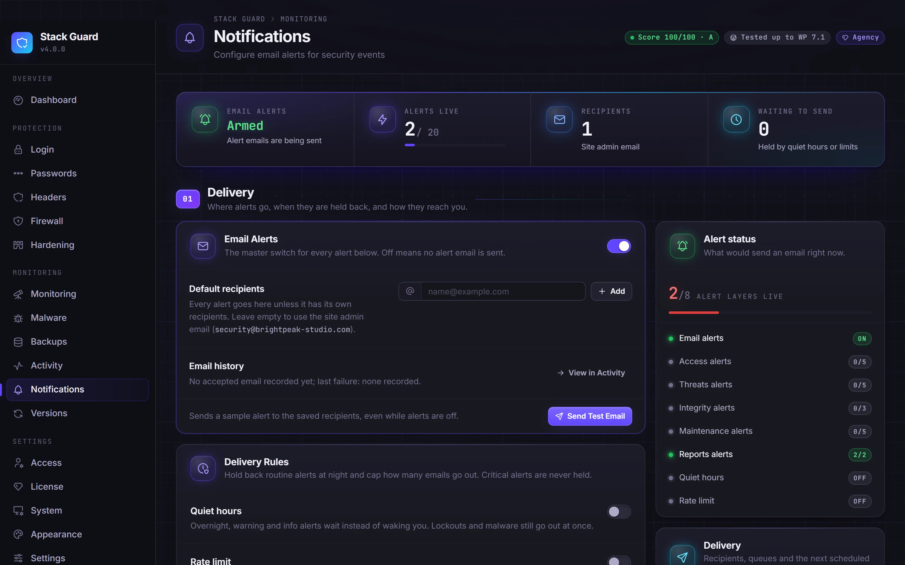 Alert settings with delivery rules, quiet hours and digests