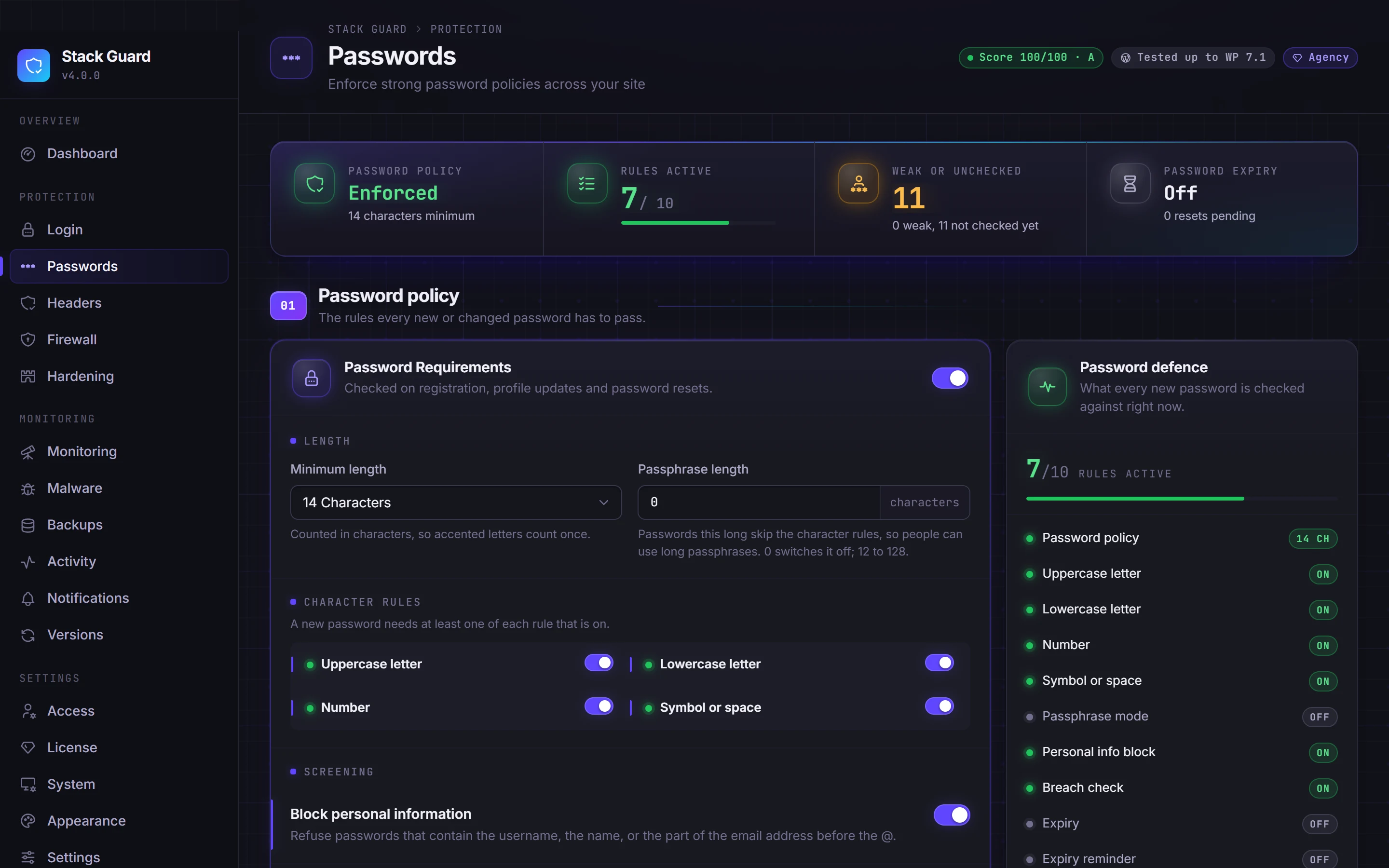 Password policy settings with minimum length, character rules and the breached-password check
