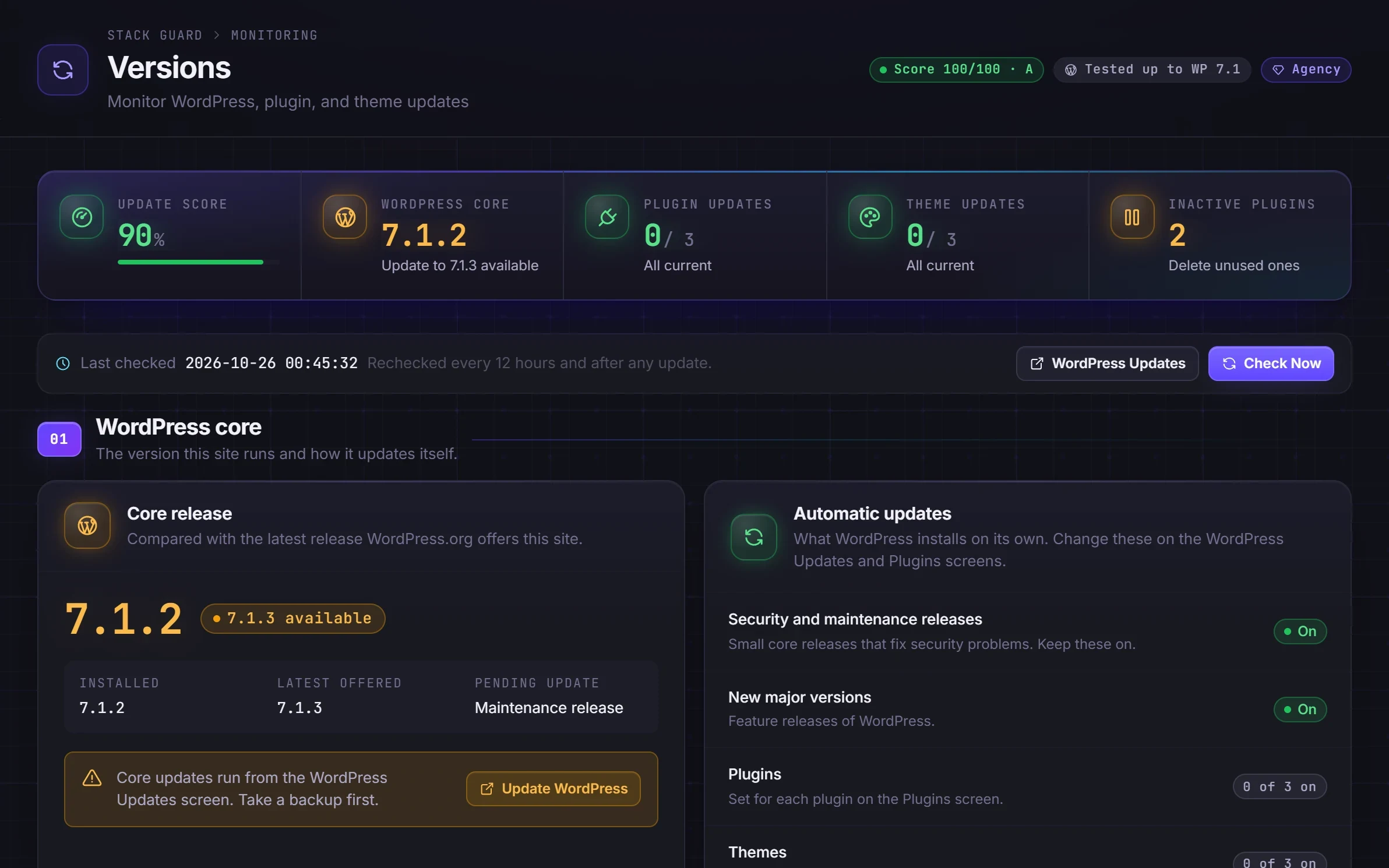 Versions screen showing WordPress core, plugin and theme update status